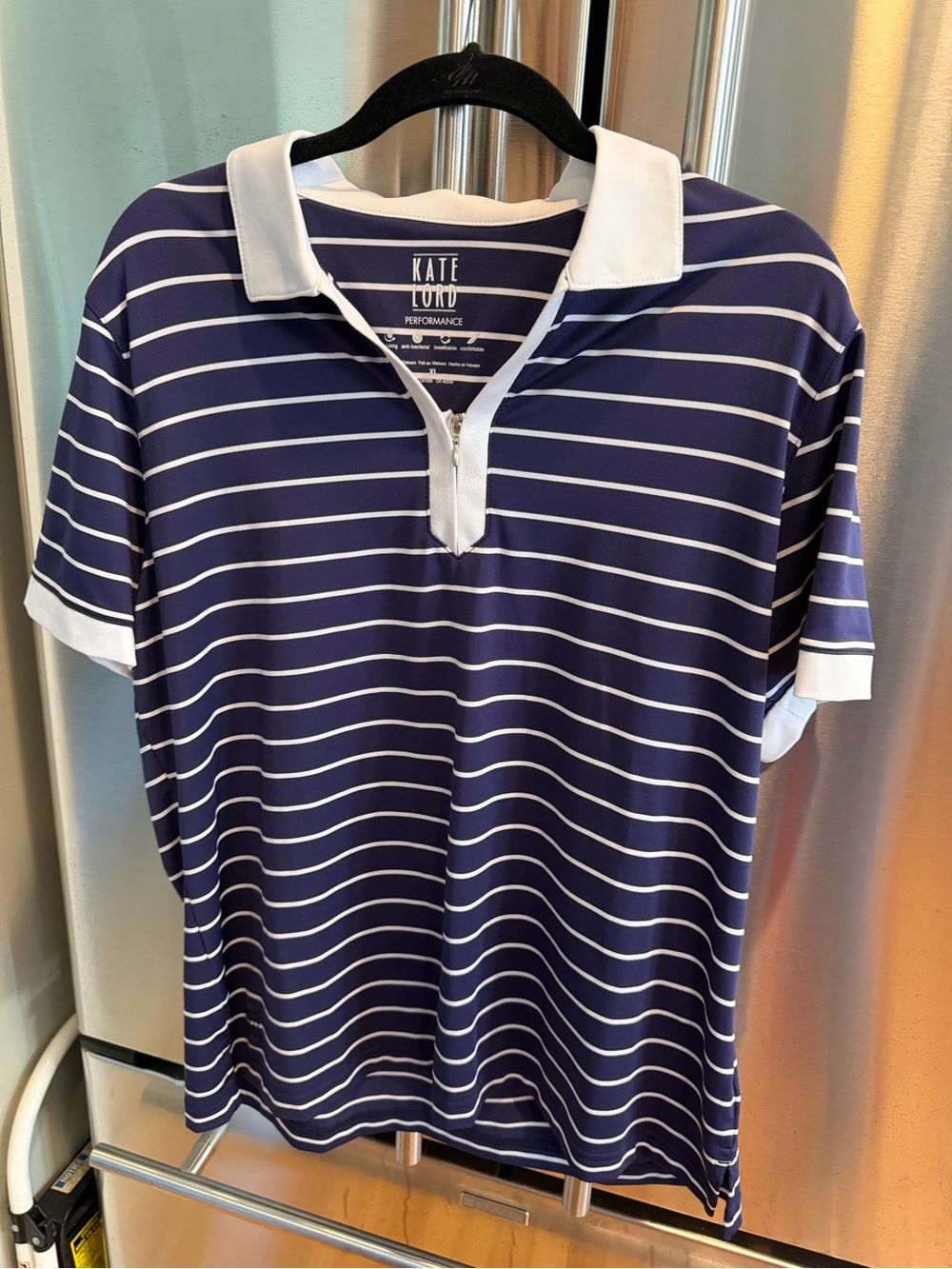 KATE LORD Navy & White Striped Polo Performance Top